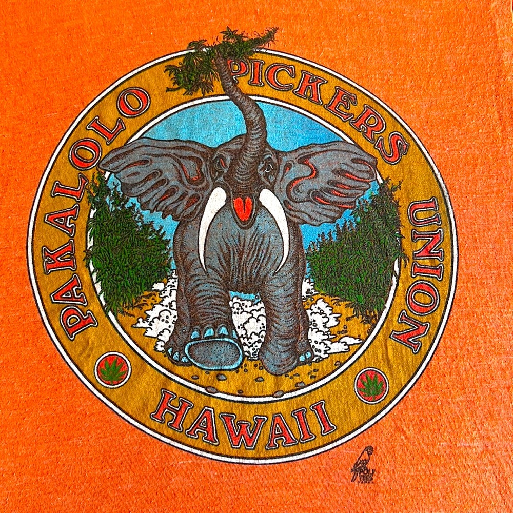Women’s M, Men’s Sm Pakalolo Pickers Orange Vintage (Poly Tees)